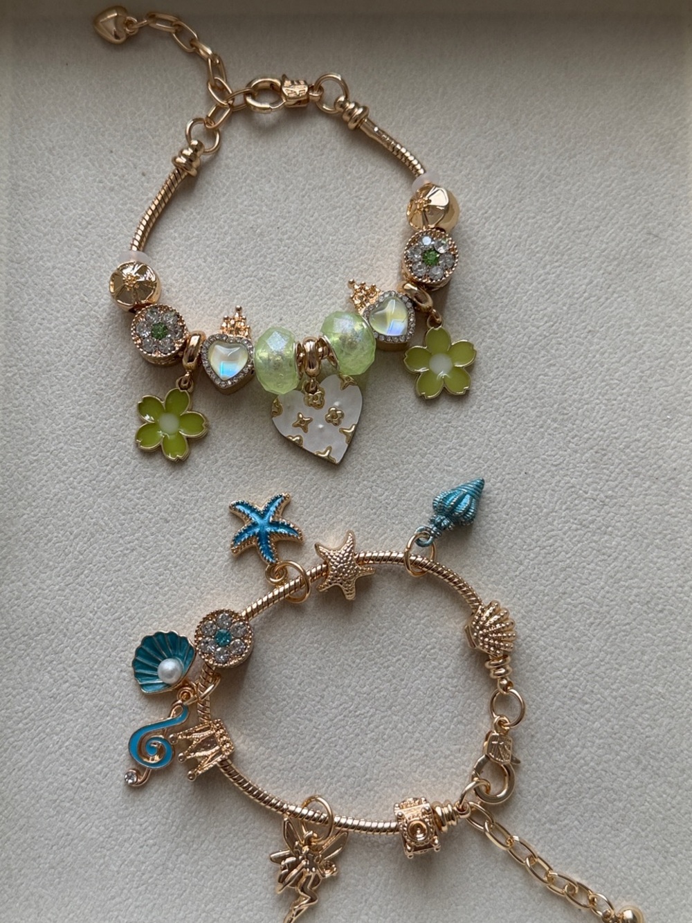Gold-Tone Green & Turquoise Charm Bracelets- BUNDLE OF 2 Hypoallergenic Jewelry
